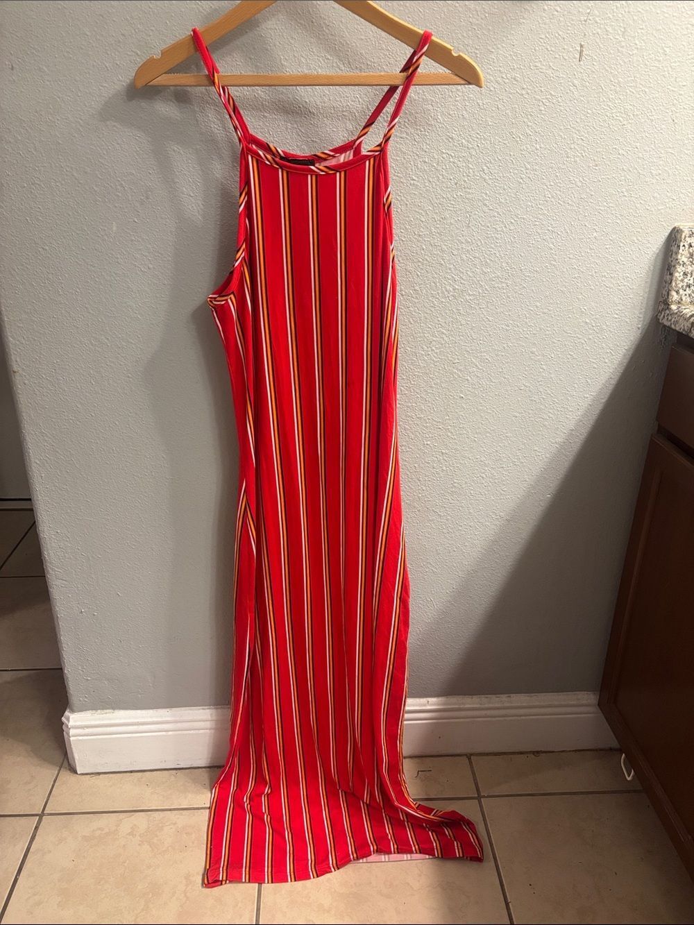 Discreet Red Striped Maxi Dress